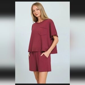 Zenana Boxy Top And Shorts Set In Cabernet Sz Small NWOT